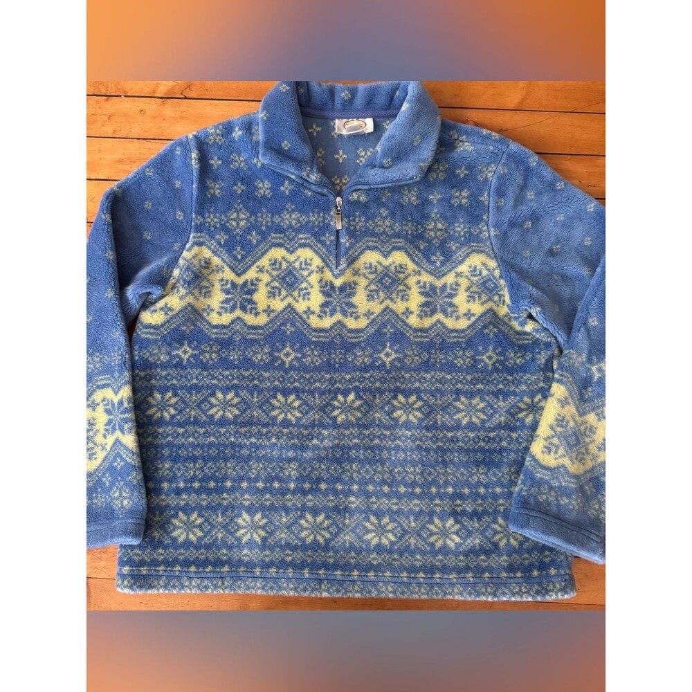 Vintage 90s y2k Talbots Blue green Snowflake 1/4 quarter Zip Fleece pullover